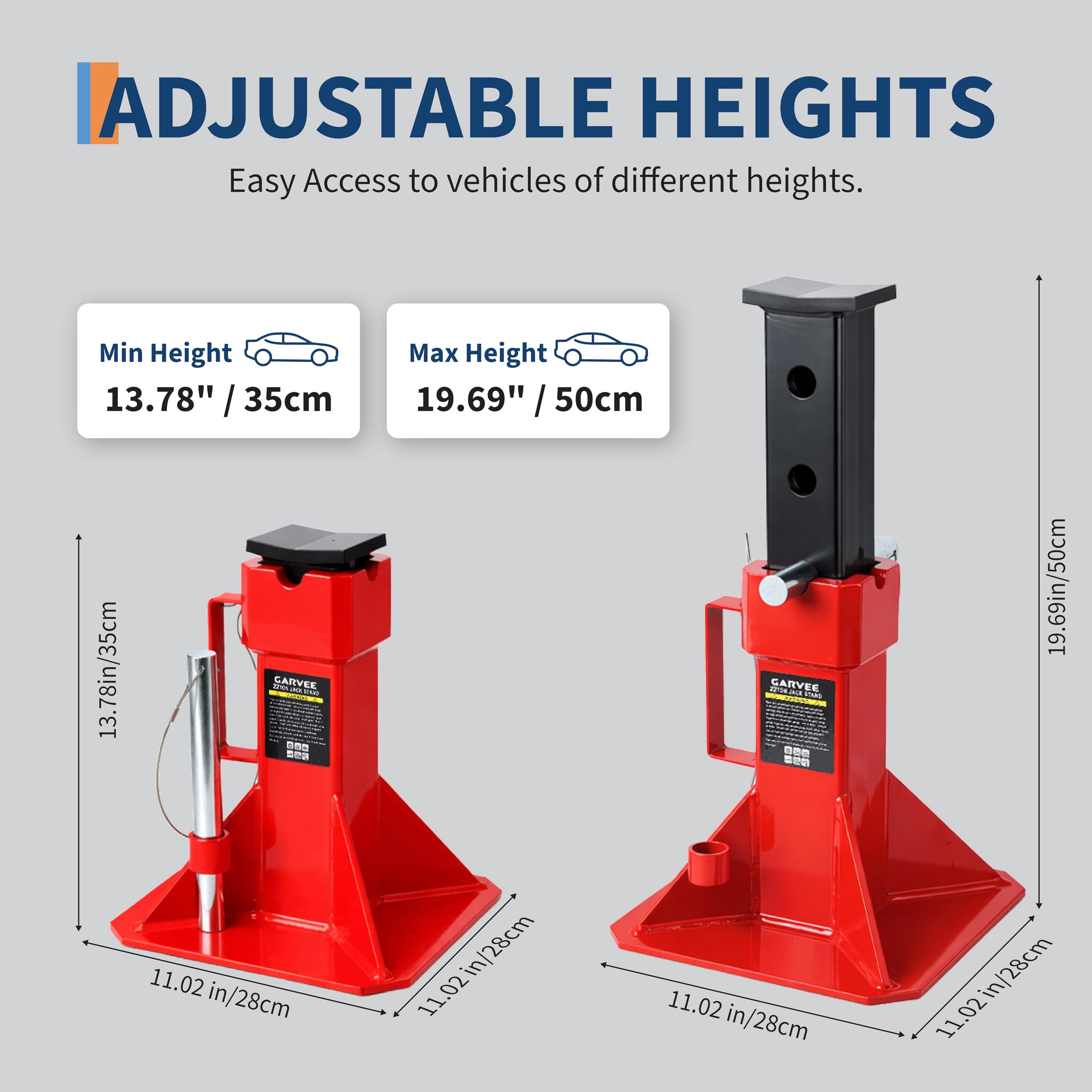 Wisykoke 22 Ton Jack Stands Set of 2, Heavy Duty Pin Type Car Jack Stand with Lock, Wide Base Safety Design for Supporting Trucks, Trailers and Equipment, Adjustable Height 13.8"-19.7"