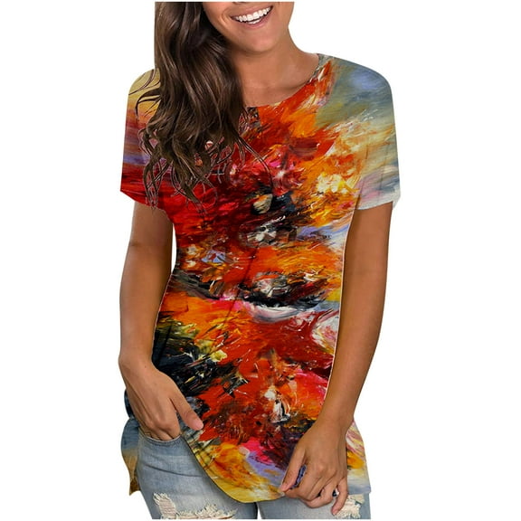 USSUMA Women's Summer Top Casual Impressionist Oil Painting Printed T-Shirts Crewneck Short Sleeve Tunics Basic Blouse