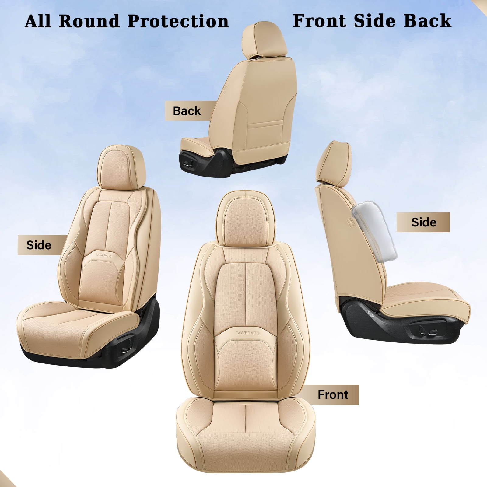 Coverado Front Seat Covers for Car, Premium Leather Seat Protectors with Lumbar Support, Waterproof Auto Cushions Universal Fit for Most Cars, Beige