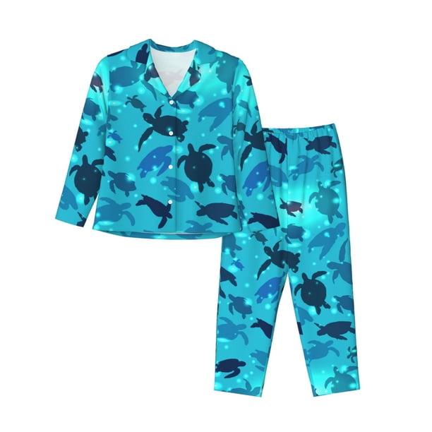 Balery World Turtle Day Conjunto de Pijama con Estampado para Mujer, Conjunto de Dos Piezas con Manga Larga, Ropa de Dormir Suave con Bolsillos, Pijamas Cómodos-Medium