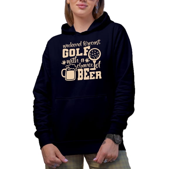 Weekend Forecast, Golf with a Chance of Beer Quote with Ball & Mug, Golf Player, Golfing or Golfer Themed Merch Gift, Navy Blue Hooded Sweatshirt or Hoodie, X-Large