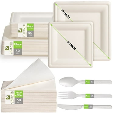Greener Settings 300 Pcs Compostable Square Paper Plates, Cutlery, Napkins-50 Sets