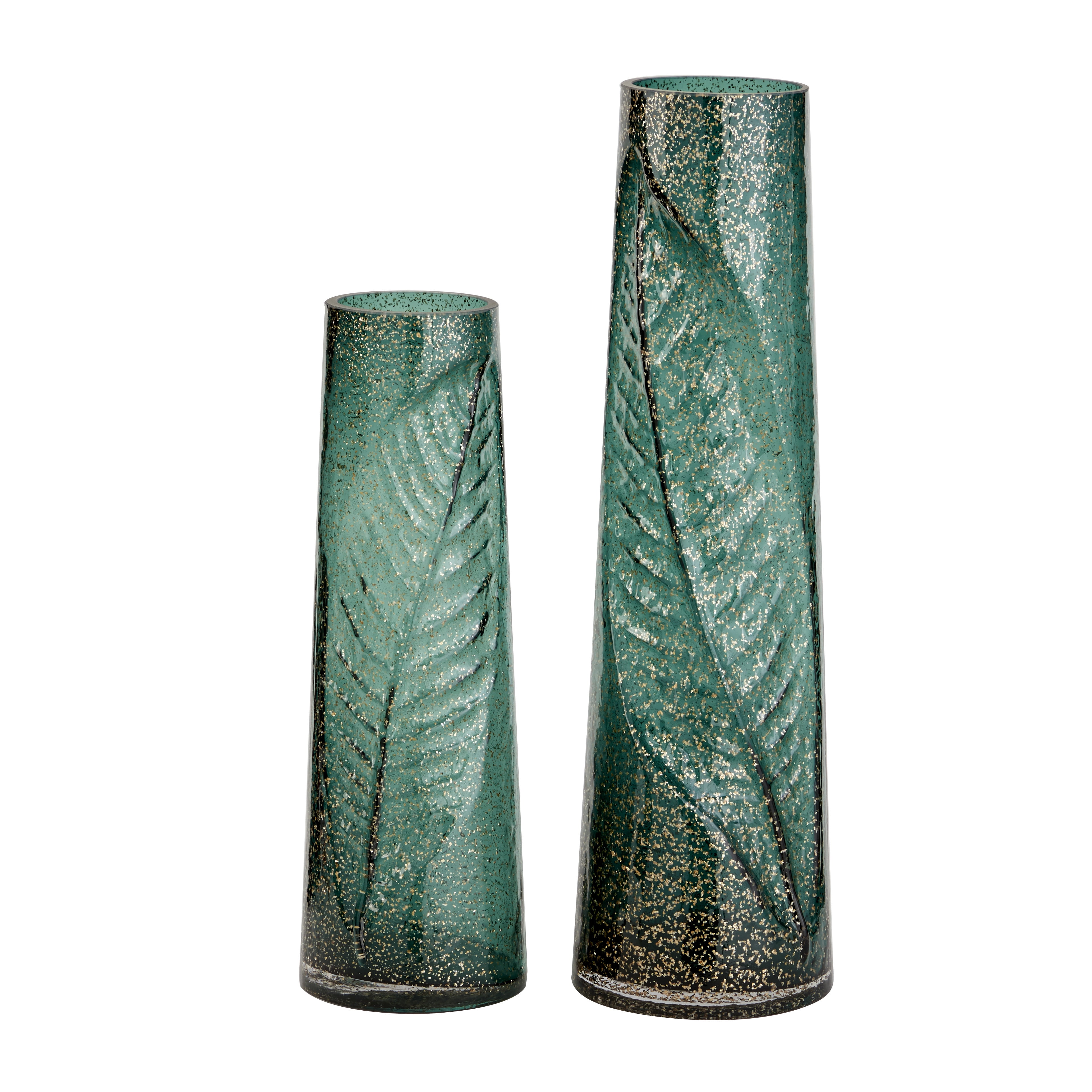 Decmode Large Cylinder Gold Glitter and Green Glass Vases with Leaf