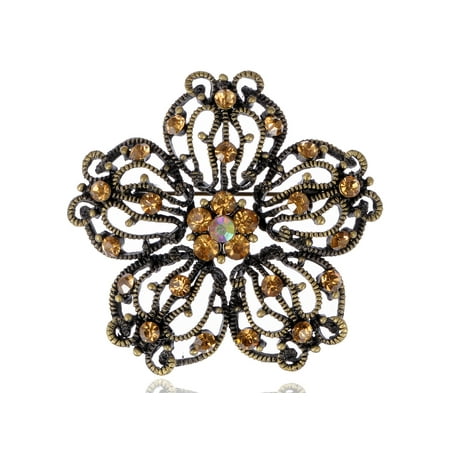 - Amber Yellow Topaz Copper Toned Floral Flower Petal Costume Jewelry Brooch Pin