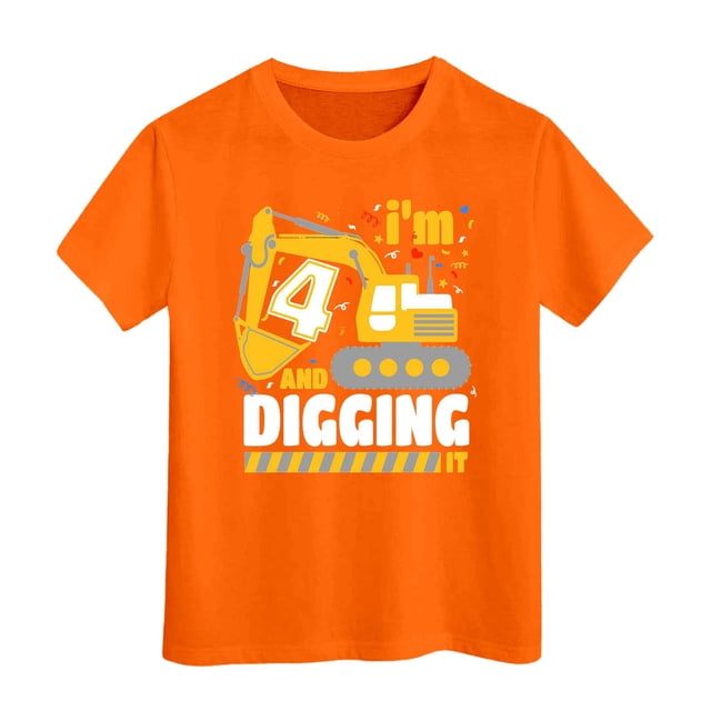 Hiiyo T-Shirt pour Grands Garçons Imprimé Excavatrice Manches Courtes, Orange