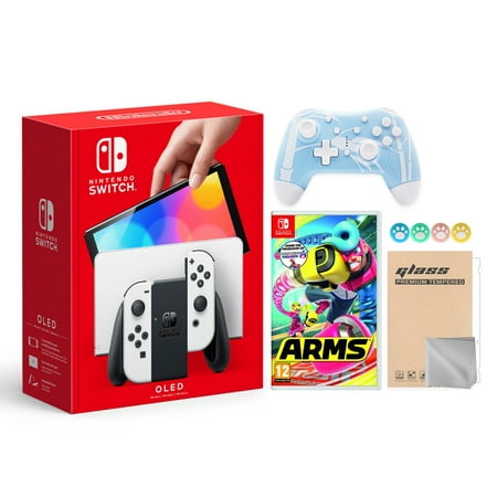 Nintendo Switch OLED Model White Joy Con 64GB Console Improved HD Screen and LAN-Port Dock with Arms and Mytrix Wireless Switch Pro Controller and Accessories 2021 New