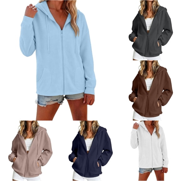 CAIVO Oversized Sweatshirt For Women Zip Up Casual Hoodie With Pockets Solid Color Long Sleeve Tops Fall Lightweight Comfortable Soft Daily Wear