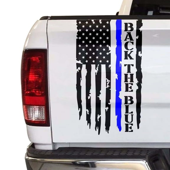 Back The Blue Distressed Thin Blue Line Flag Police Officers Law Enforcement Flag USA Sticker Truck Tailgate Vinyl Decal Compatible with most Pickup Trucks (11" x 20", Black & Blue)