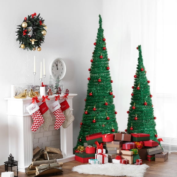 2 Pack Pop Up Christmas Tree Set 6ft and 5ft Artificial Xmas Tree with Red Ball Ornaments Quick Setup Indoor Outdoor Holiday Decor for Home Office Store Entryway Party Decorations