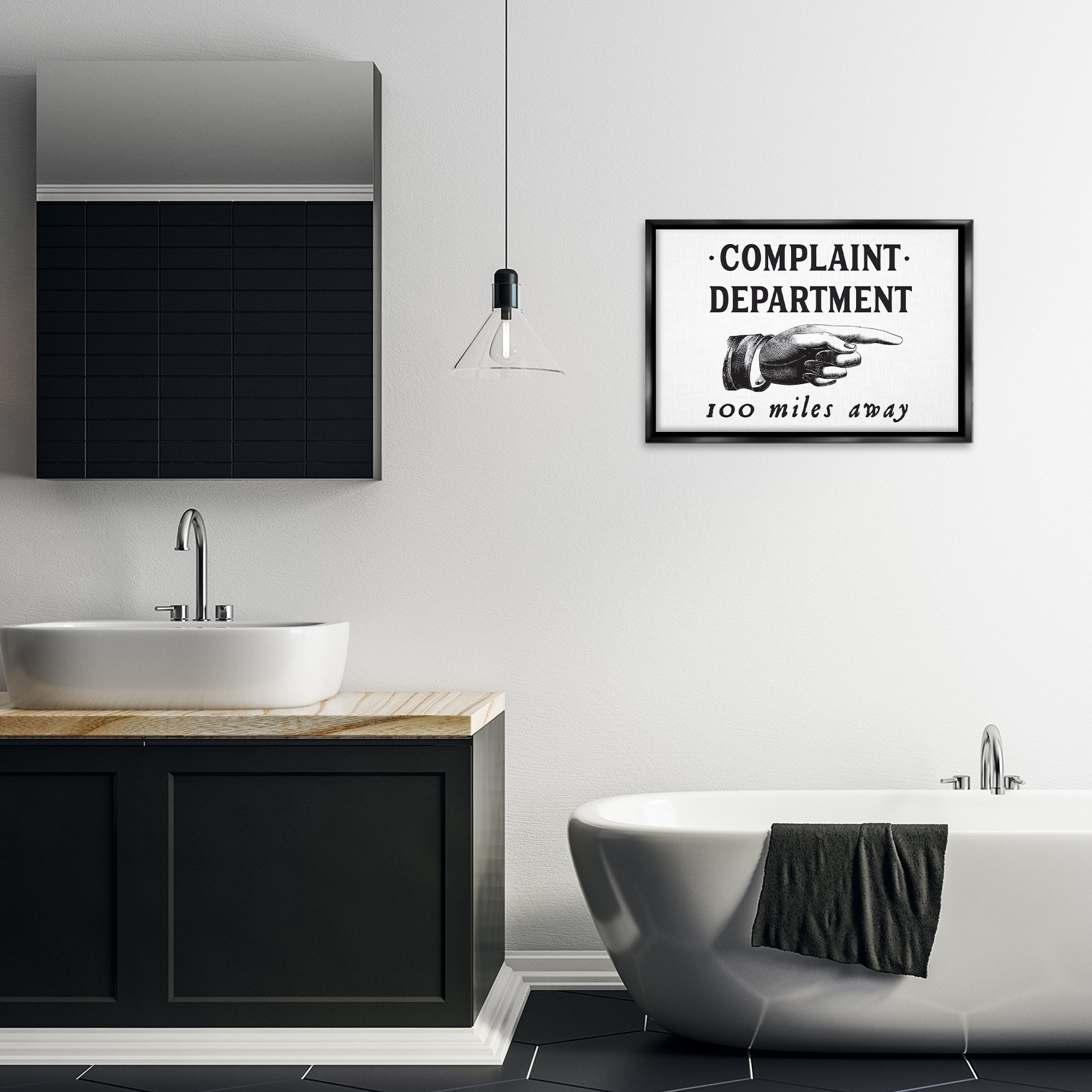 Stupell Industries Complaint Department Pointing Typography Painting Black Floater Framed Canvas Art Print Wall Art, 25 x 17