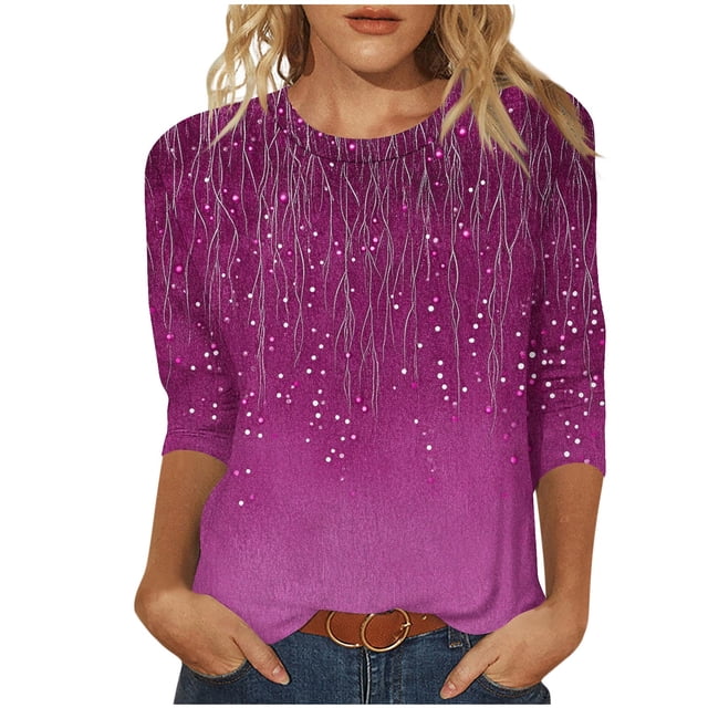 Staron Chemises d'Été pour Femmes en Liquidation à Moins de 5 $ Tunique à Col Rond à Imprimé Floral T-Shirts Basiques Blouses Fluides Chemises à Manches 3/4