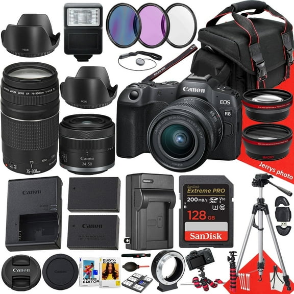 Canon EOS R8 Mirrorless Camera with 24-50mm and 75-300mm Lens   128 GB Memory   Hood   Spare Travel Charger   Filters   Tripod   More (32pc Bundle)