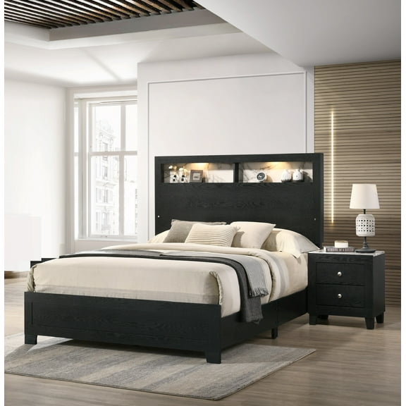 Modern 3pc King Size LED Headboard Bed and Nightstands Wooden Bedroom Furniture Set Black