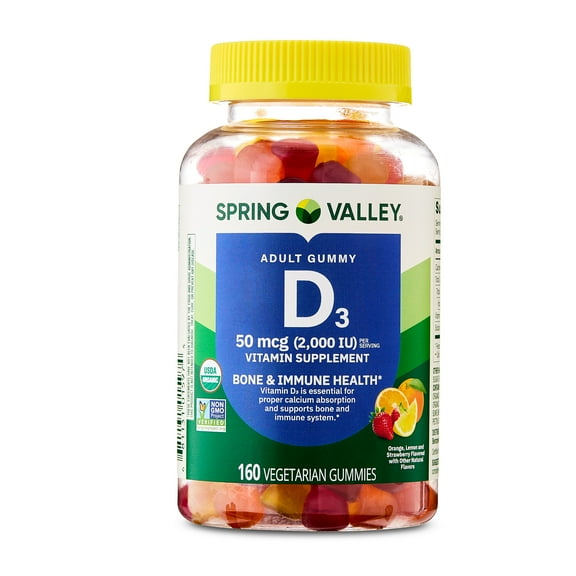 Spring Valley Vitamin D3 Gummies, 50 mcg, 160 Count, Supplement for Bone and Immune Health, Assorted Fruit