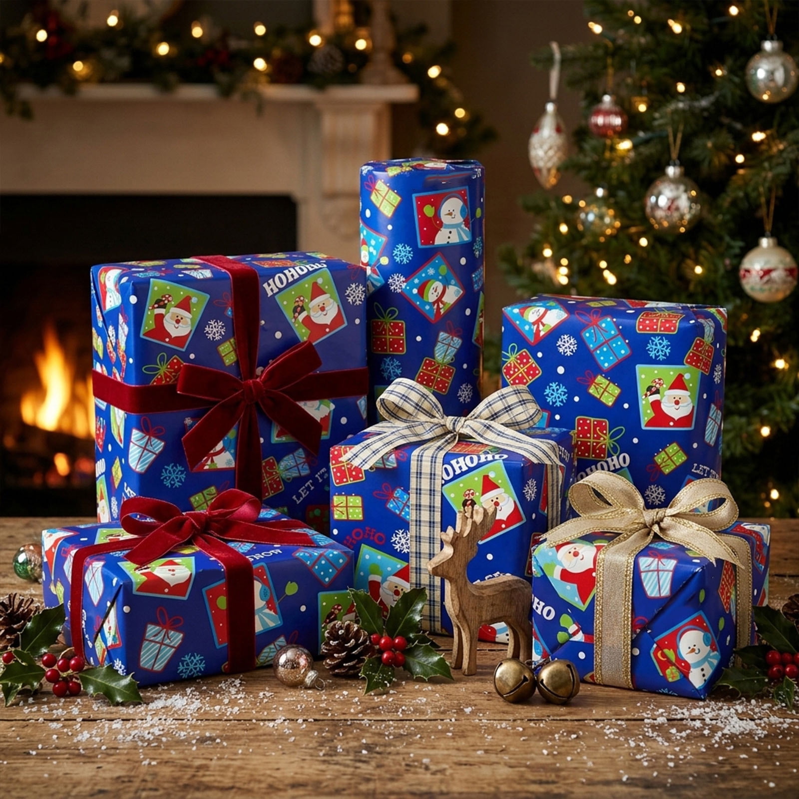 Christmas Wrapping Paper Roll Reversible Vintage Holiday Print Gift Wrap Rolls Heavy Duty Decorative Paper for Christmas Gift Packaging and DIY Craft 118 x17 R
