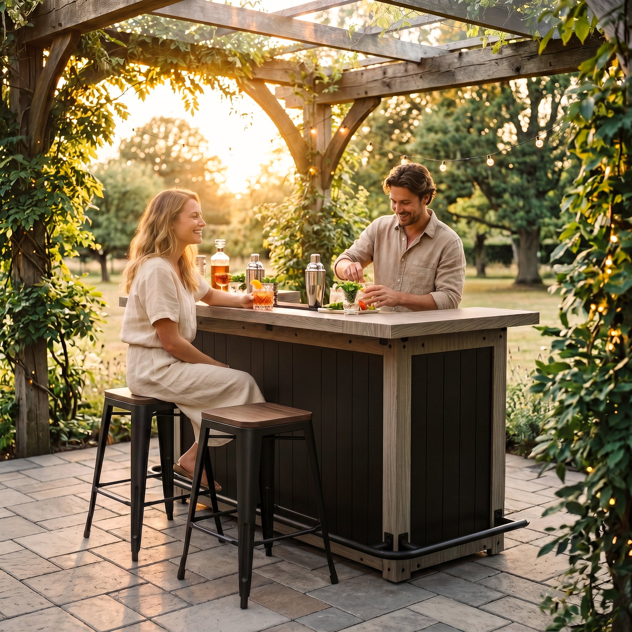 Outdoor Bar Cabinet with Fridge Space, Patio Backyard Bar with Storage