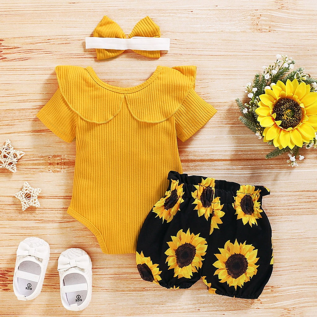 Povozer Baby Girl Newborn Clothes Baby Boys Summer Clothes Toddler Newborn Infant Baby Girl Clothes Romper Shorts Set Floral Summer Outfits Cute Baby Clothes Girl Size 6-12 Months,Yellow