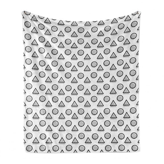 Abstract Soft Flannel Fleece Blanket, Geometric Triangles and Circles with Little Dots Creative Modern Design, Cozy Plush for Indoor and Outdoor Use, 70" x 90", Charcoal Grey White, by Ambesonne