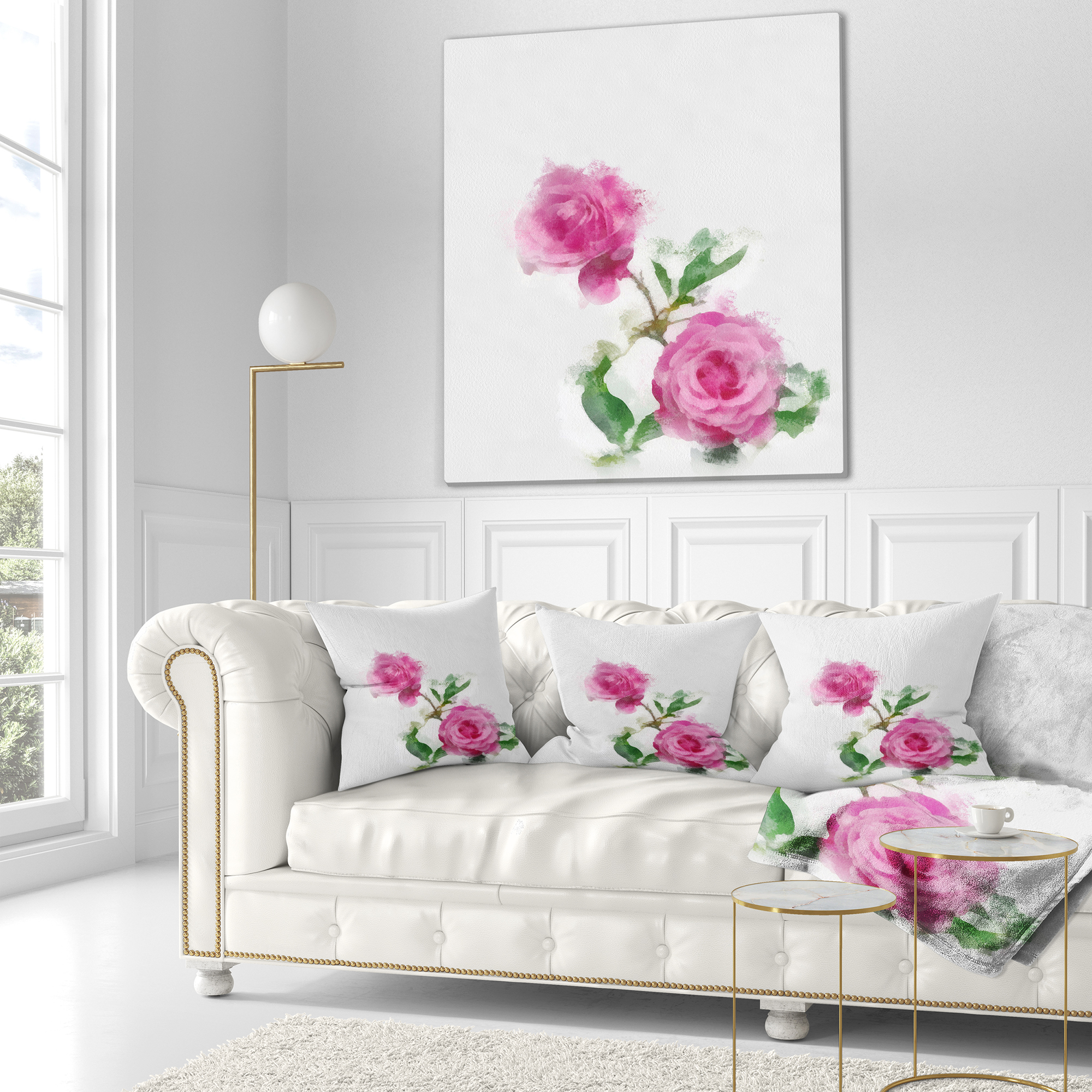Designart Rose Stem with Pair of Roses - Floral Throw Pillow - 16x16