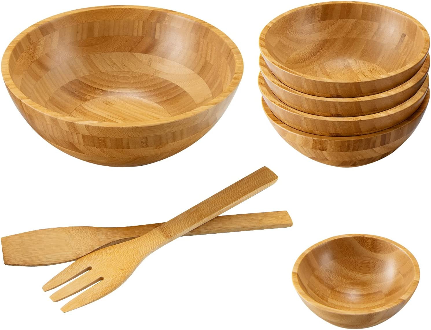 8 PCS Bamboo Salad Bowl Set, 2 Serving Utensils, 3 Sizes Mixing Bowls