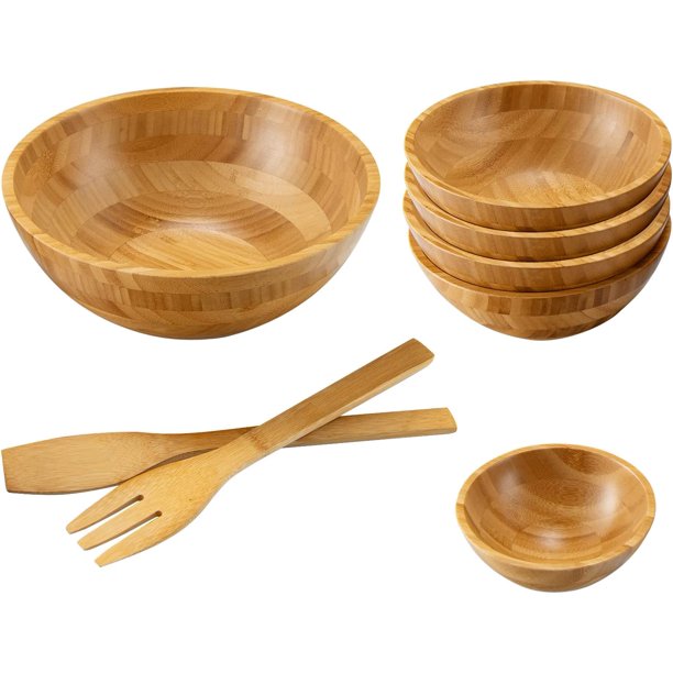 8 PCS Bamboo Salad Bowl Set, 2 Serving Utensils, 3 Sizes Mixing Bowls for Vegetable Fruit Soup