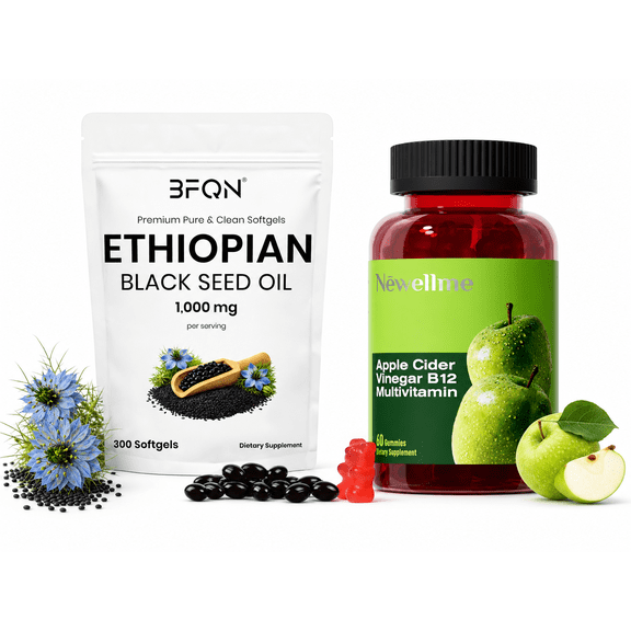 Ethiopian Black Seed Oil Softgels & Apple Cider Vinegar B12 Multivitamin Gummies Bundle, 1,000 mg Black Seed Oil per Serving, ACV Gummies, Dietary Supplement, 300 Softgels   60 Gummies