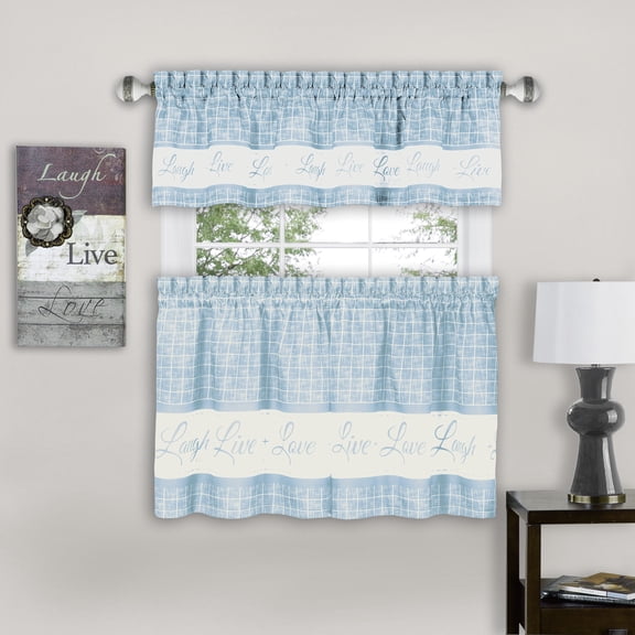 Achim Live, Love, Laugh Window Curtain Tier Pair and Valance Set - 58x36 - Light Blue