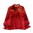 thumbnail image 2 of Red Young Adult Tops Women's Spring Solid Color Round Neck Three Flower Bubble Sleeve Long Sleeved Chiffon Shirt Going Out Tops for Women, 2 of 4