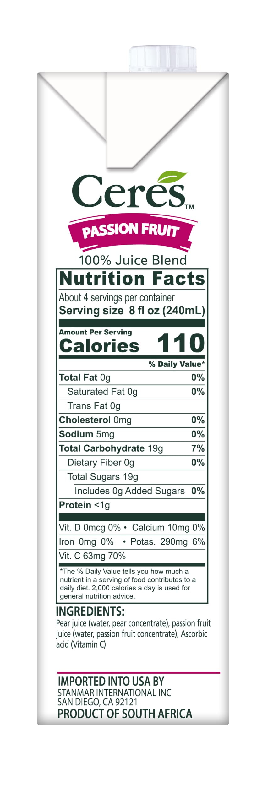 Ceres 100% All Natural Pure Fruit Juice Blend, Passion Fruit - Gluten Free, Rich in Vitamin C, No Added Sugar or Preservatives, Cholesterol Free - 33.8 FL OZ (Pack of 12)