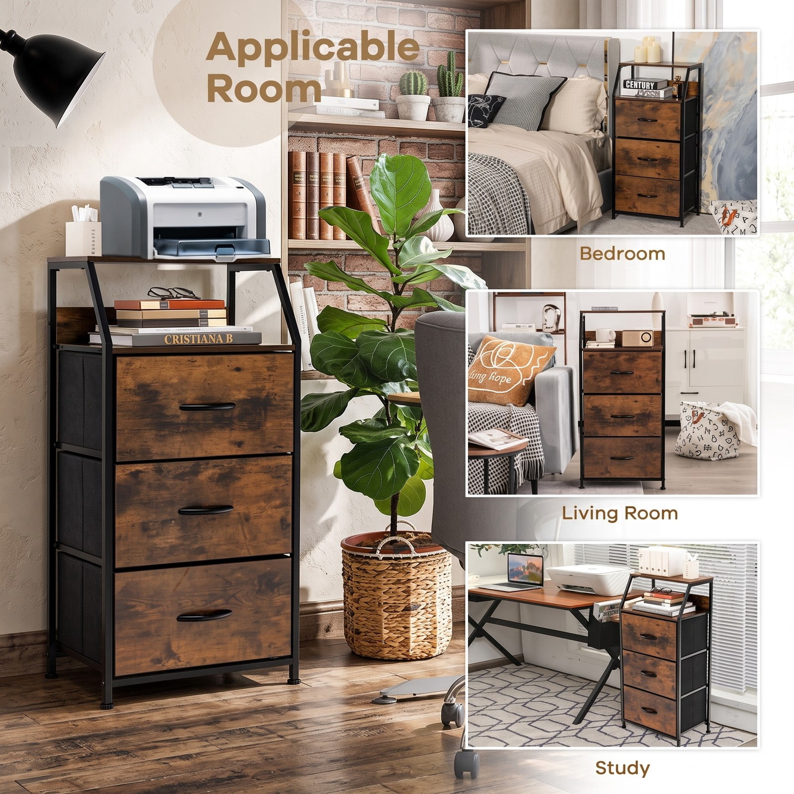 Furnibear 3-Drawer Freestanding Dresser with Open Wooden Top Shelf and Sturdy Steel Frame for Bedroom Living Room and Office, Rustic Brown