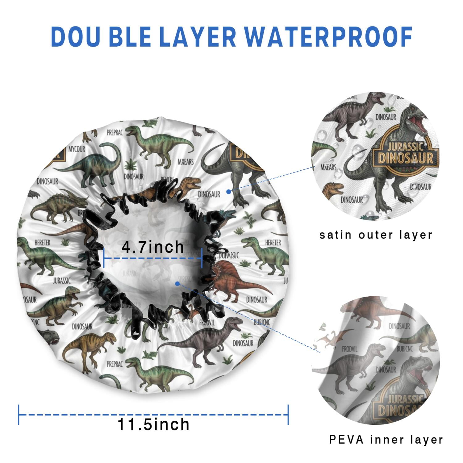 Shower Caps,White Dinosaurs Label Pattern Waterproof Shower Cap for Women 4 Pieces,Double Reusable Hair Cover for Shower PEVA Elastic Stretch Hem