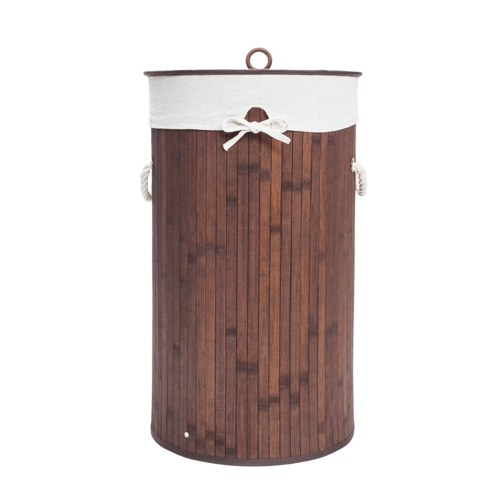 Minimanihoo Round Bucket Folding Laundry Hamper with Lid (bamboo)dark