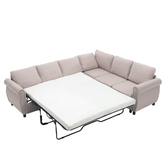 Sleeper Sofa, 2 in 1 Pull Out Couch Bed, 6 Seater Sofa Bed, L Shaped Sleeper Sectional Sofa Couch, Riveted Sofa,104" Large Combined Sofa Bed in Living Room (Beige)