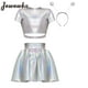 thumbnail image 2 of Disfraz de astronauta espacial para mujer, camiseta sin mangas corta metálica brillante con falda, aro de pelo de extraterrestre, ropa de fiesta temática para discoteca, 2 of 5