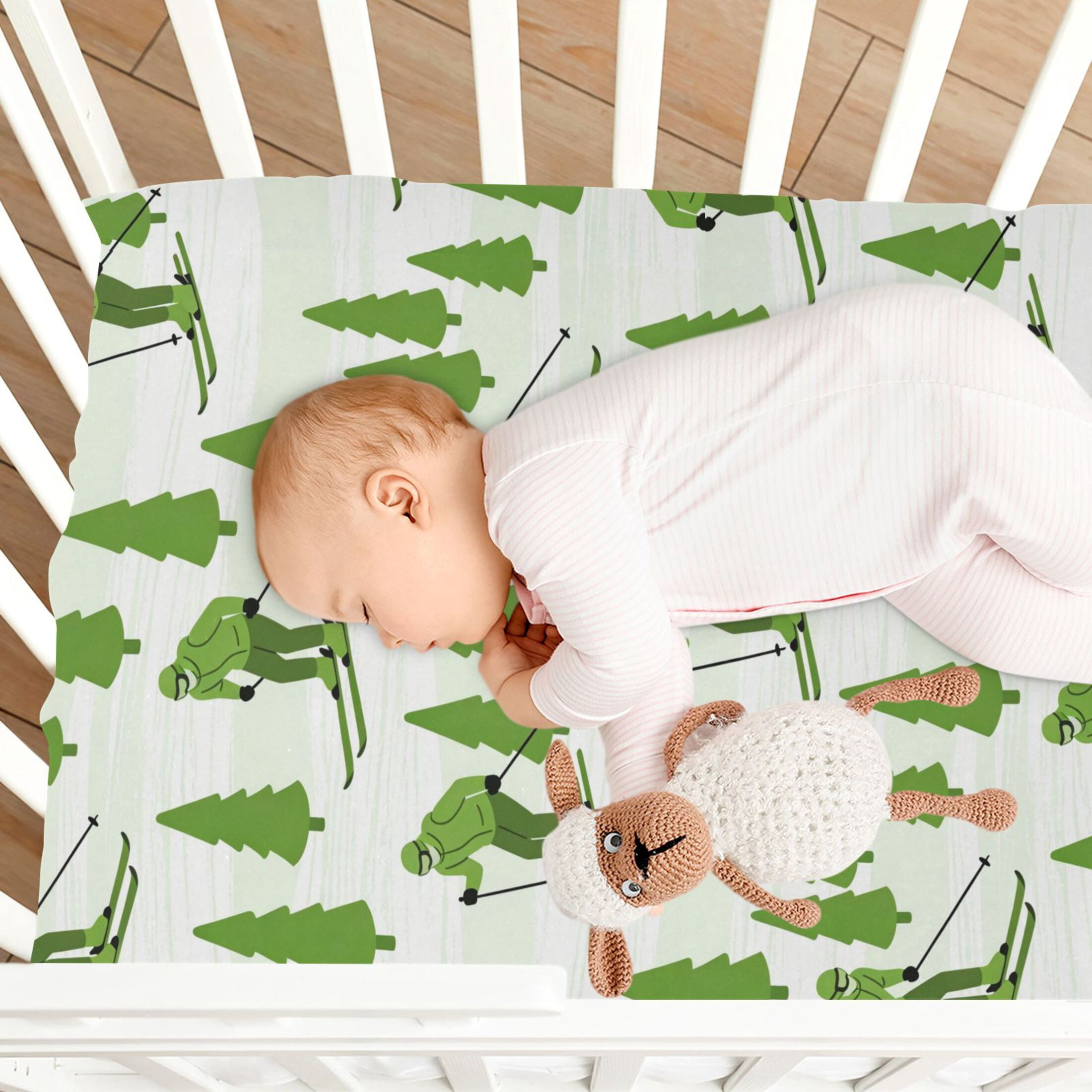 Baby Essentials 52”x 28”- Standard Cotton-like Modal Elastic- Green Skiing Design Crib Sheets for Newborns and Toddlers