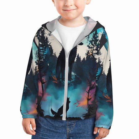 

Ocsxa Artistic Moon Valley Wolf Print Kids Active Zipper Sun Protection Jacket Boys Girls Hooded Cooling Shirt-18 Months