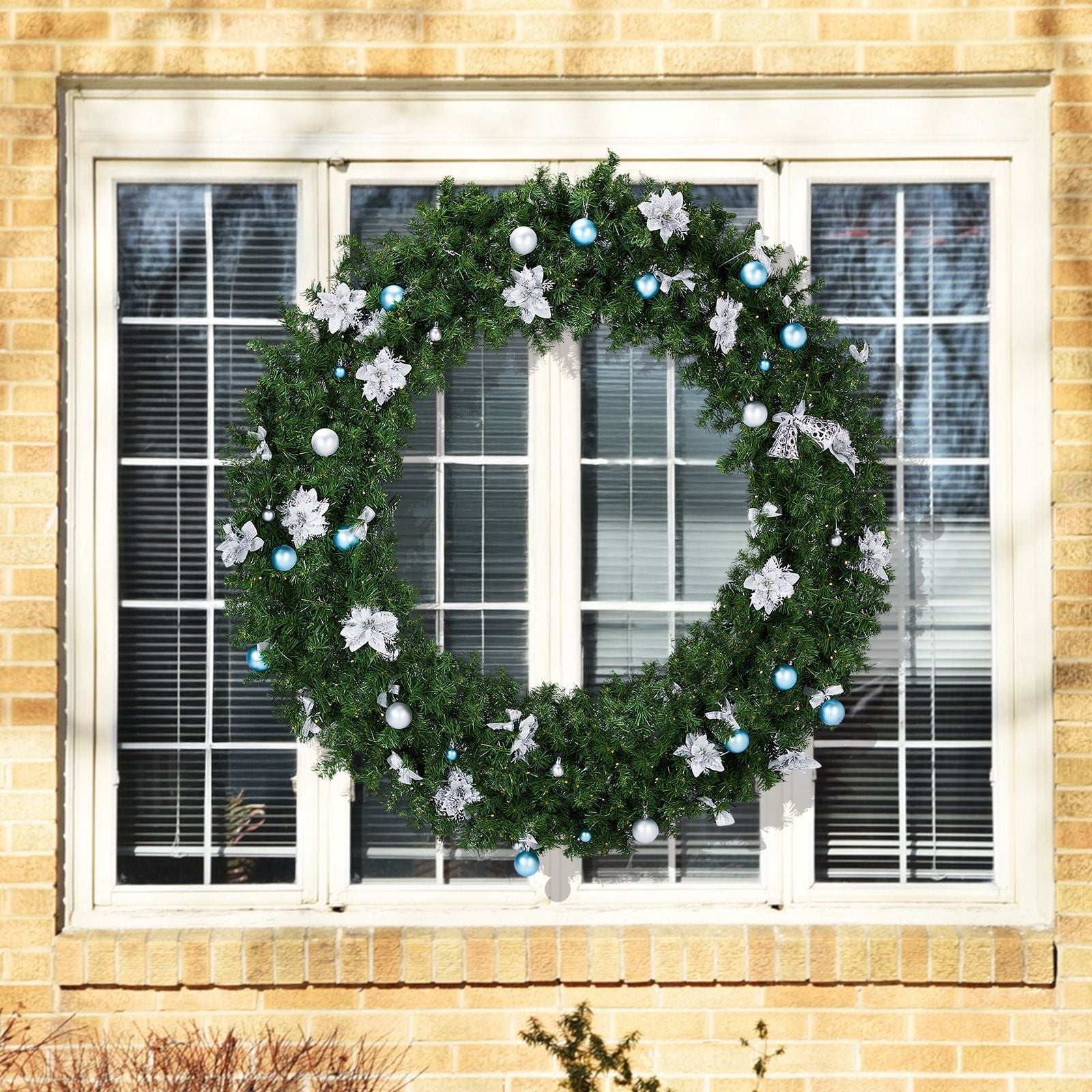60in Pre-lit Christmas Wreath, Lighted Artificial Xmas Wreath with 220 Cold & Warm White Lights and 600 PVC Tips and DIY Ornaments, for Front Door Gate Wall Xmas Party Decorations, Light Green