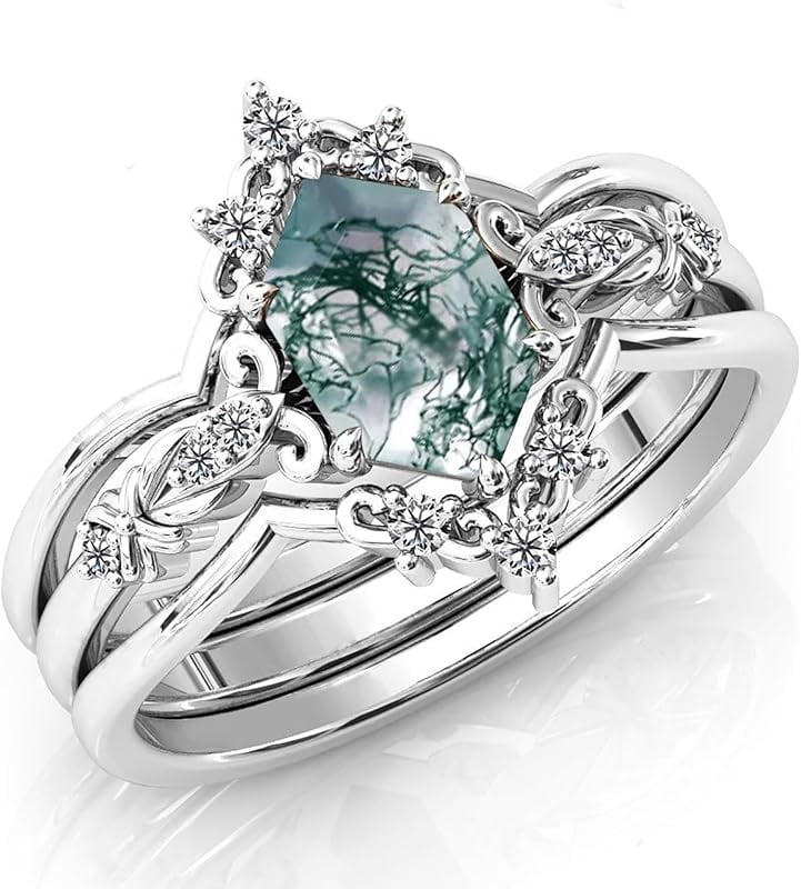 Natural Moss Agate Sterling Silver Rings Set - Leaf Art Deco Hexagon/Pear Moss Agate Engagement Wedding Promise Rings Set - Vintage Unique Bridal Ring Set for Women