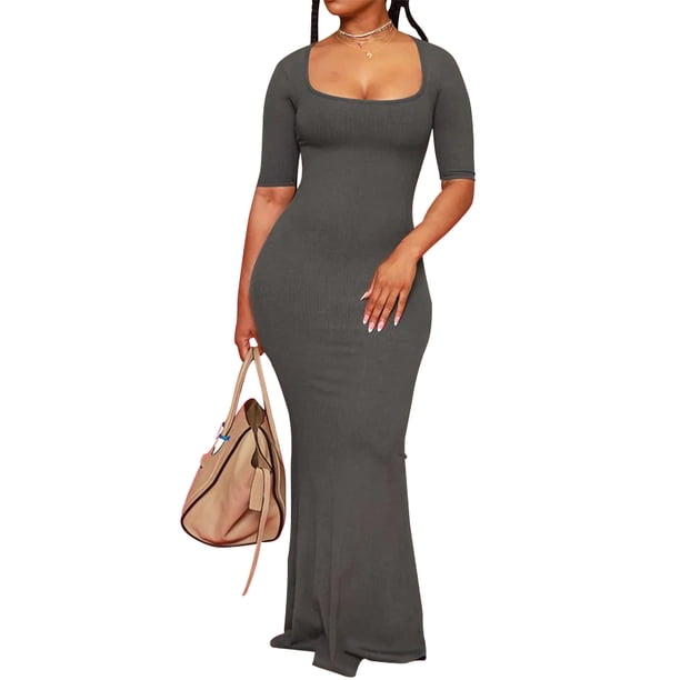 Mujeres Envuelto Vestido Largo Mangas Cortas Cuello Cuadrado Color Sólido Casual Fiesta Verano Vestido Largo Nituyy Vestido largo cruzado de mujer
