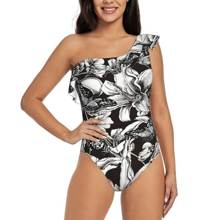 Sikiie Lilies Flowers Print Women One Piece Swimsuits Tummy Control One Shoulder Bathing Suits Ruffle Swimwear  From S to XXL-Medium