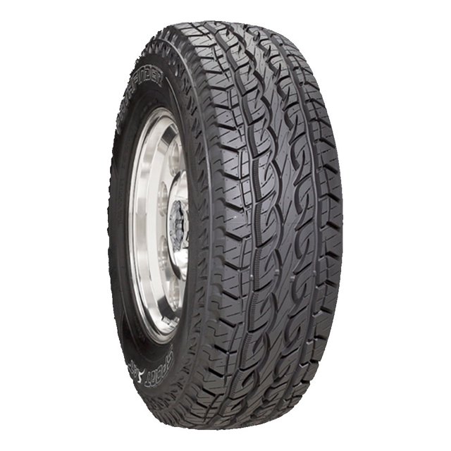 llanta 265/75r16 lt pathfinder neumático sport s a/t vista 3/4 frontal de llanta PATHFINDER 265/75R16 LT con dibujo direccional en la banda de rodamiento, bloques escalonados y ranuras profundas para evacuación de agua; flanco con marcaje PATHFINDER y aro de acero visible, adecuada para llantas rin 16 y a menudo usada como reemplazo en camionetas y pickups.