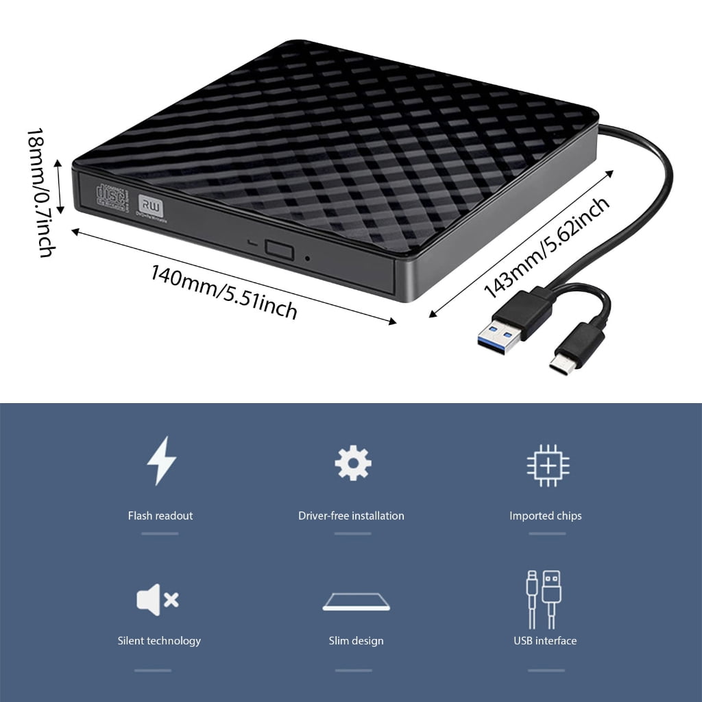 Portable External Opticaled Disk Drive Reader With USB3.0 And USB C For Laptops Thin and Easy Installlation