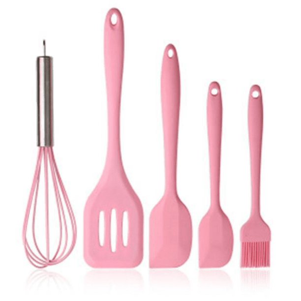 Juego de utensilios de cocina de silicona, utensilios de cocina, 5 piezas, juego de utensilios de cocina de silicona, espátulas, cepillo, herramientas de cocina, fáciles de usar y limpiar (rosa) oso de fresa Electrónica