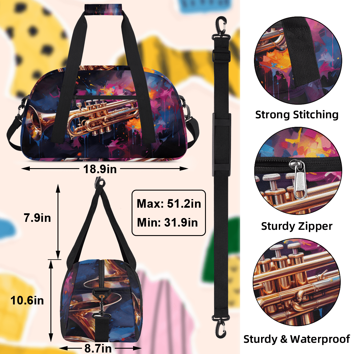 Herdesigns Trumpet Sports Duffle Bag for Women & Men, Music Theme Gym Bag Dance Bag Overnight Bag Carry On Weekender Travel Bag