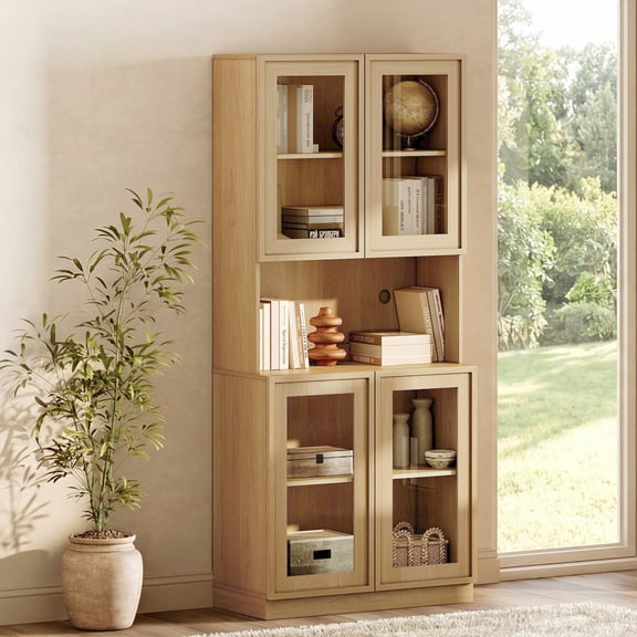 Modern 72" Tall Bookshelf with Glass Doors & Adjustable Shelves, Library Bookcase with Cabinet and Glass Display Shelves,Oak