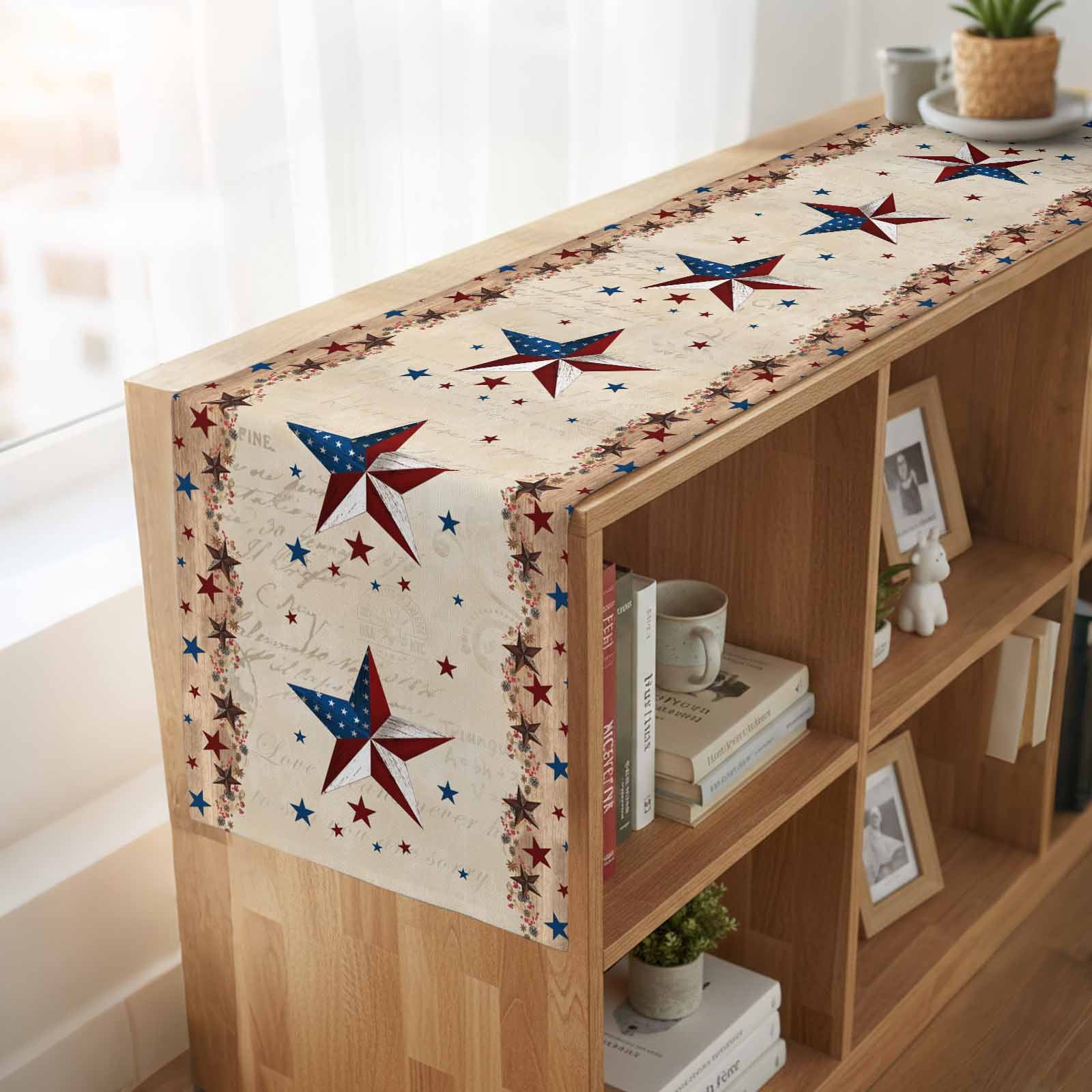Independence Day Table Runner, Vintage U.S. Flag Country Stars Retro Letter Cotton Linen Kitchen Table Decoration Washable Dining Tabletop Runners for Home Party Decor 13x120 Inches