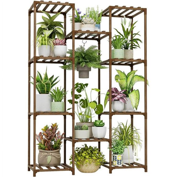 Bamworld Support pour Plantes Extérieur Intérieur Étagère Suspendue pour Plantes Haute Grand Porte-Plantes en Bois pour Salon Étagère pour Plantes Intérieur Plusieurs Plantes Patio Balcon Jardin, Brun