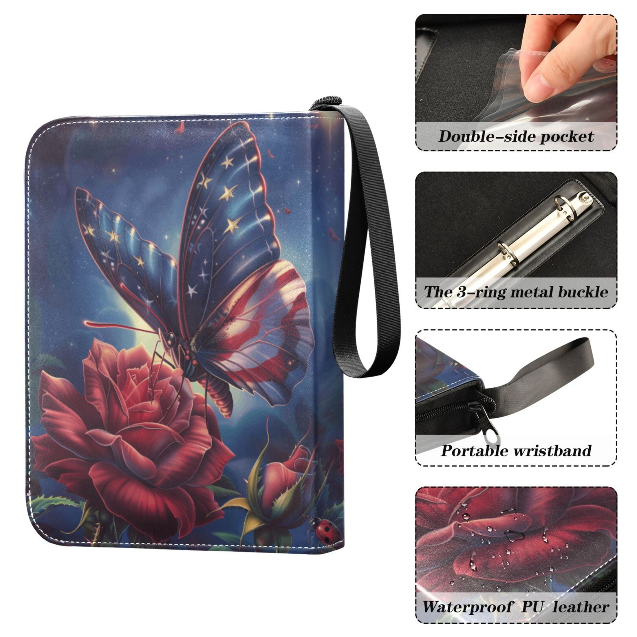 Trading Card Binder Album 400 Pockets 50 Removable 4-Pocket Pages Waterproof American Flag Colored Butterfly with Flower