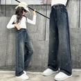 thumbnail image 2 of TOWED22 Kids Girls' Fashion Elastic Waist Wide Leg Baggy Denim Pants Straight Washed Loose Jeans Age 5-14 Years(Z9-Blue,8-9 Y), 2 of 9