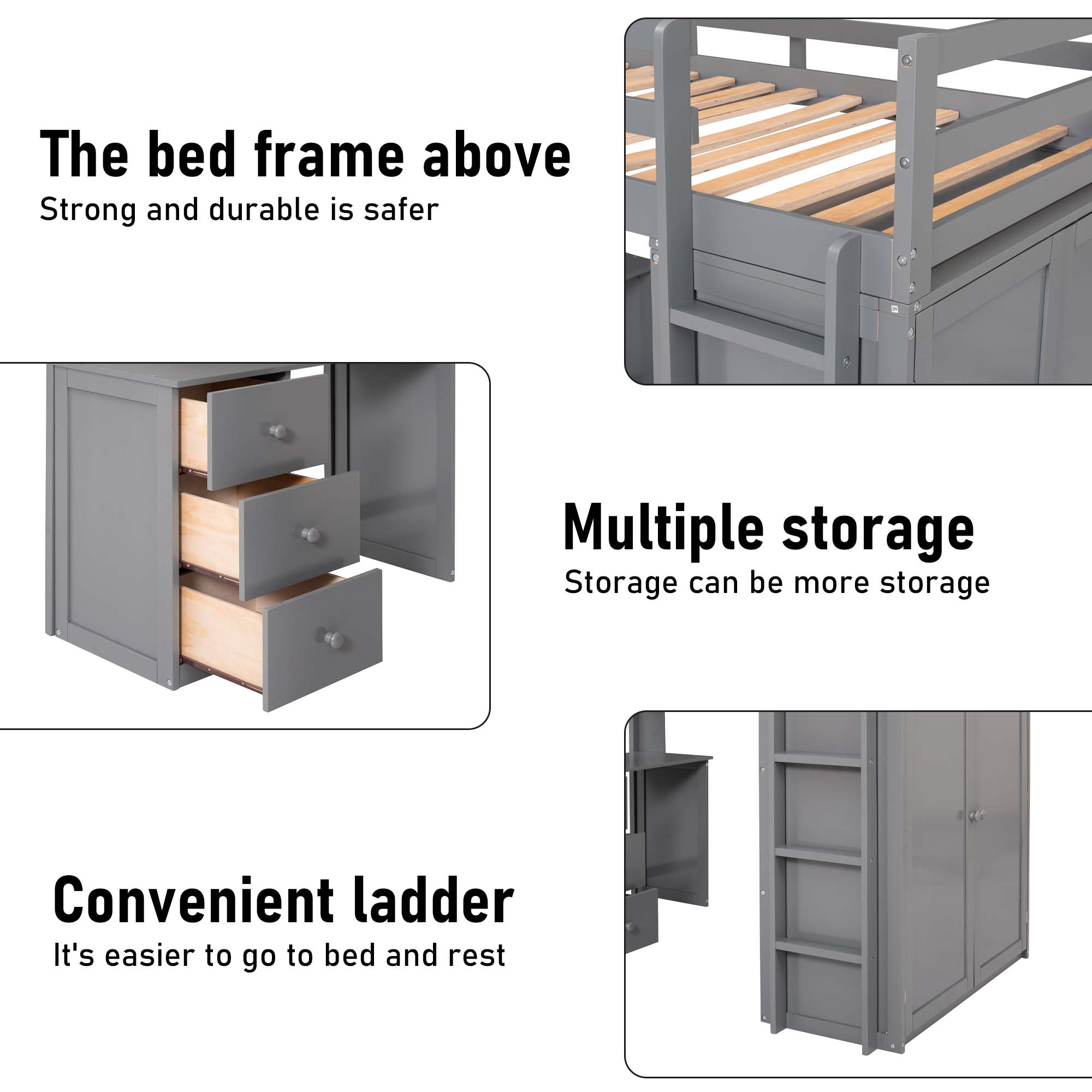 Aukfa Kids Modern Wood Twin Size Loft Bed with Drawers Gray